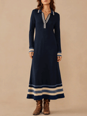 Chic Ribbed-Knit Contrast-Stripe Navy Blue Sweater Maxi Dress