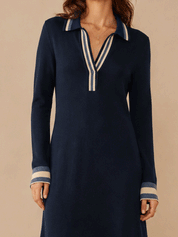 Chic Ribbed-Knit Contrast-Stripe Navy Blue Sweater Maxi Dress