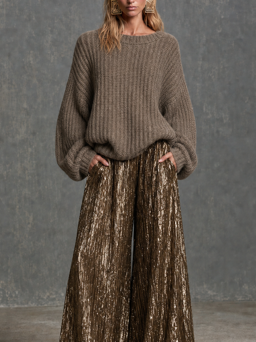 Effortless Glam Slouchy Sweater & Sequin Wide Leg Pants Outfit Set