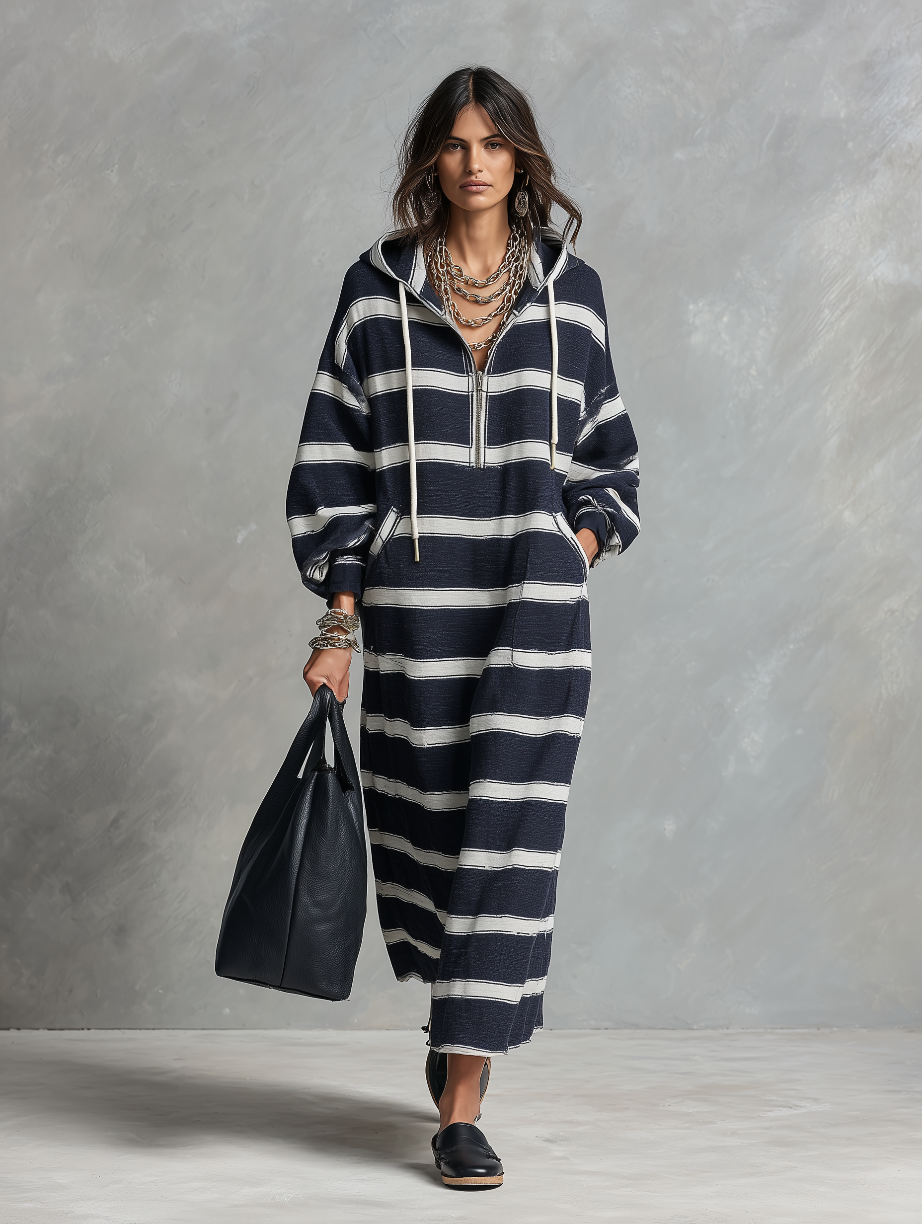 Striped Hooded Half-Zip Maxi Sweatshirt Dress