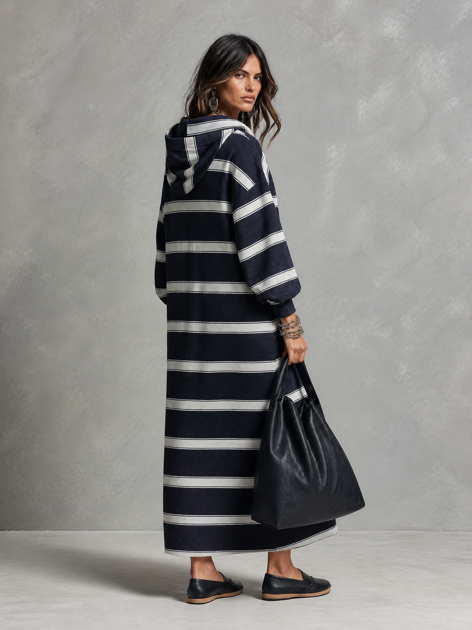 Striped Hooded Half-Zip Maxi Sweatshirt Dress