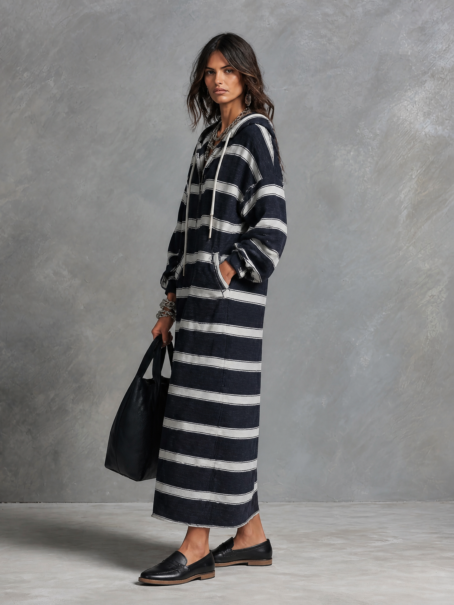 Striped Hooded Half-Zip Maxi Sweatshirt Dress