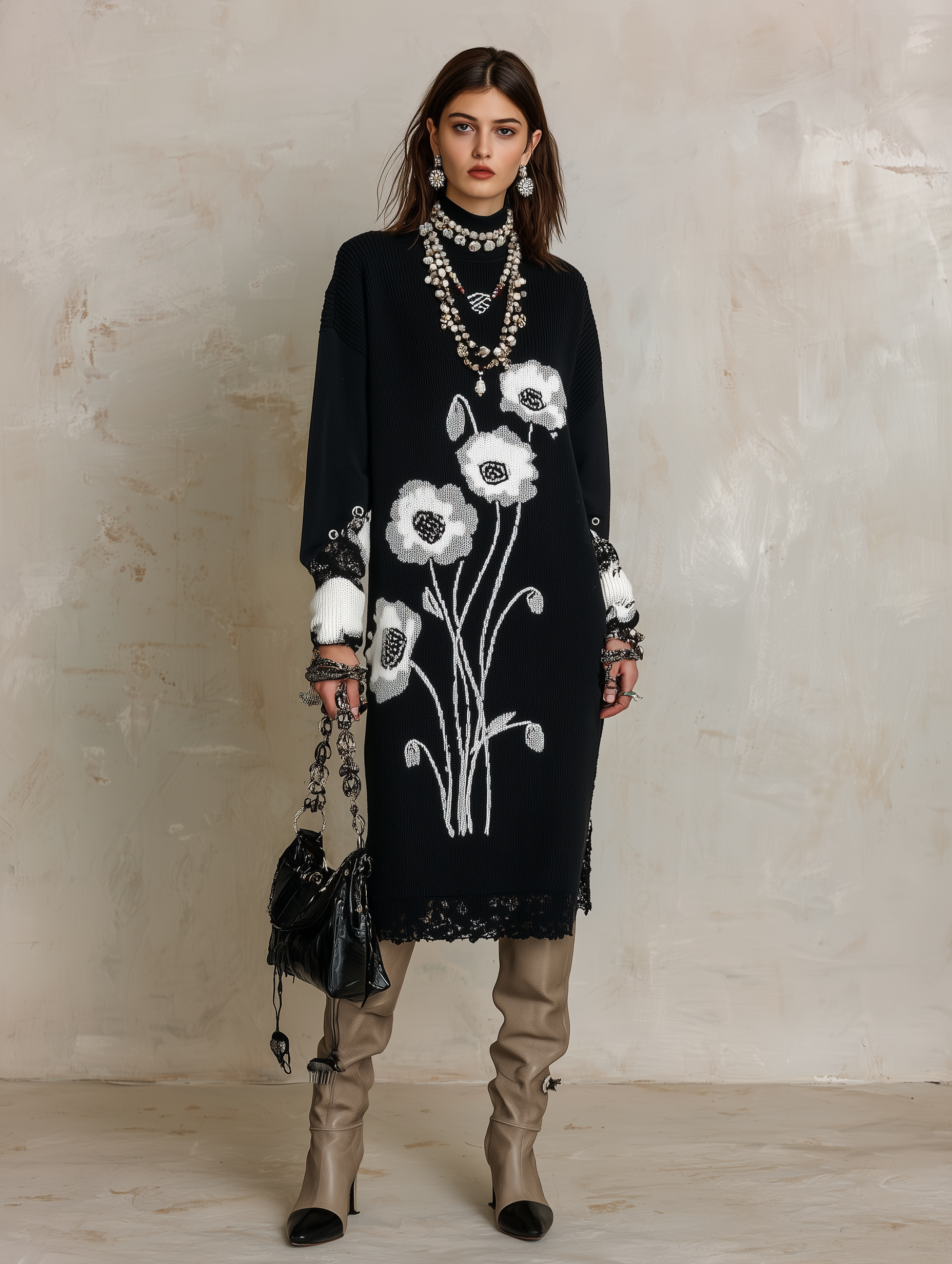 Quiet Luxury Soft Knit Oversized-Fit Black Floral Jacquard Tunic Dress