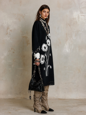 Quiet Luxury Soft Knit Oversized-Fit Black Floral Jacquard Tunic Dress
