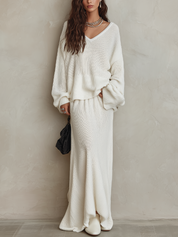 Bohemian White Knit Top And Fishtail Skirt Set