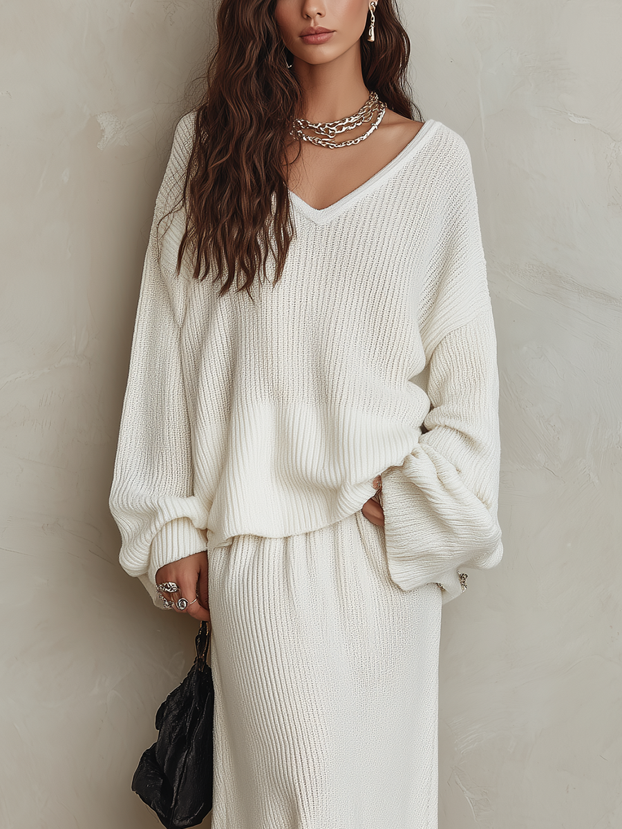 Bohemian White Knit Top And Fishtail Skirt Set