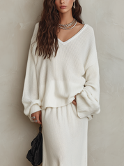 Bohemian White Knit Top And Fishtail Skirt Set