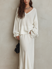 Bohemian White Knit Top And Fishtail Skirt Set