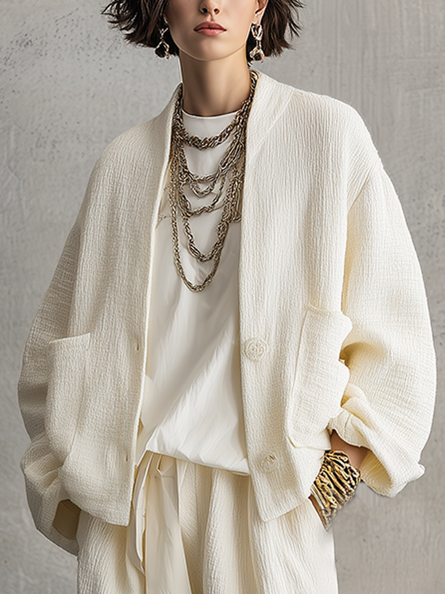 Casual Off-white Soft Textured Coat