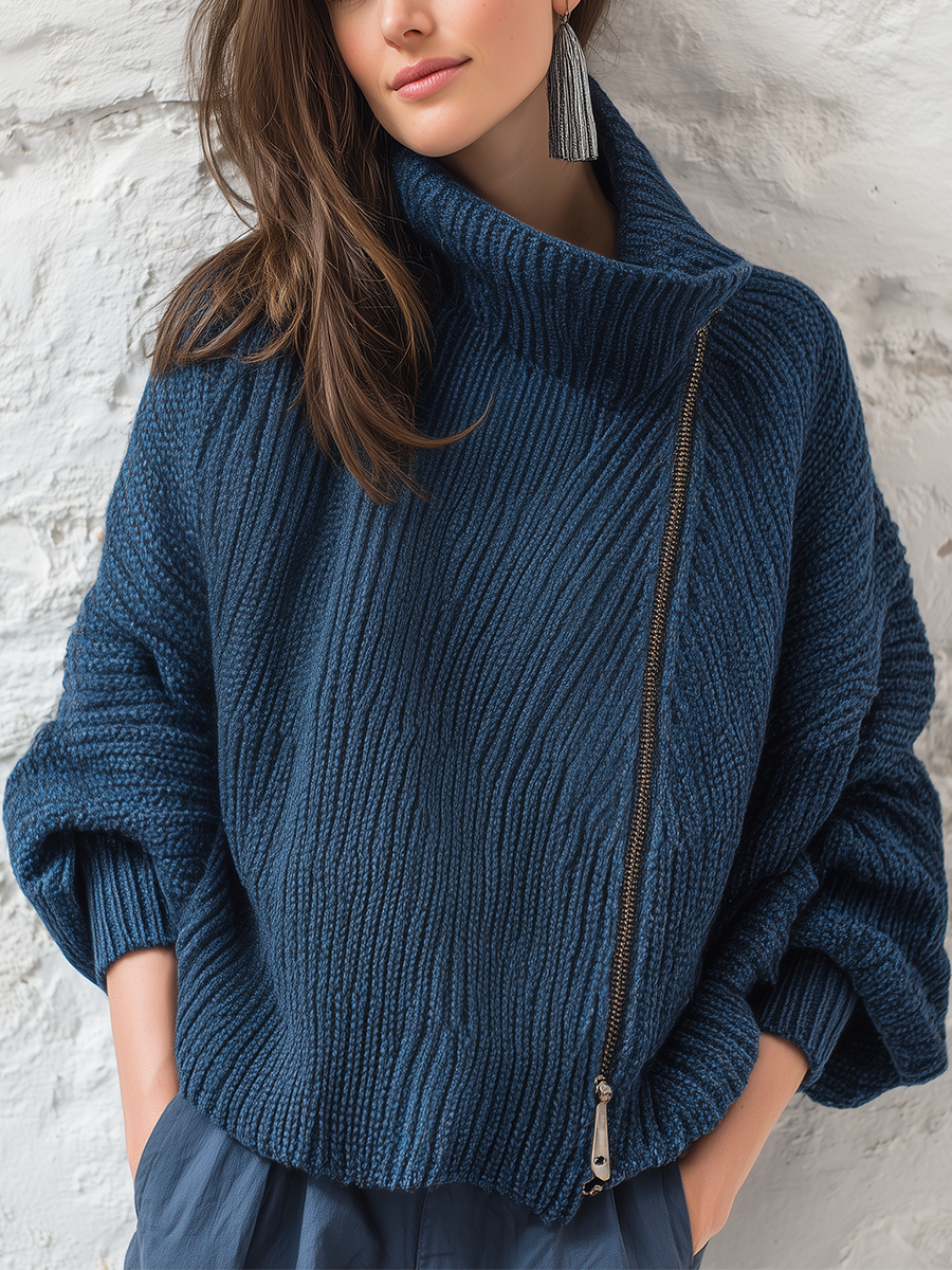 Navy Blue Diagonal Zipper Sweater
