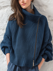 Navy Blue Diagonal Zipper Sweater
