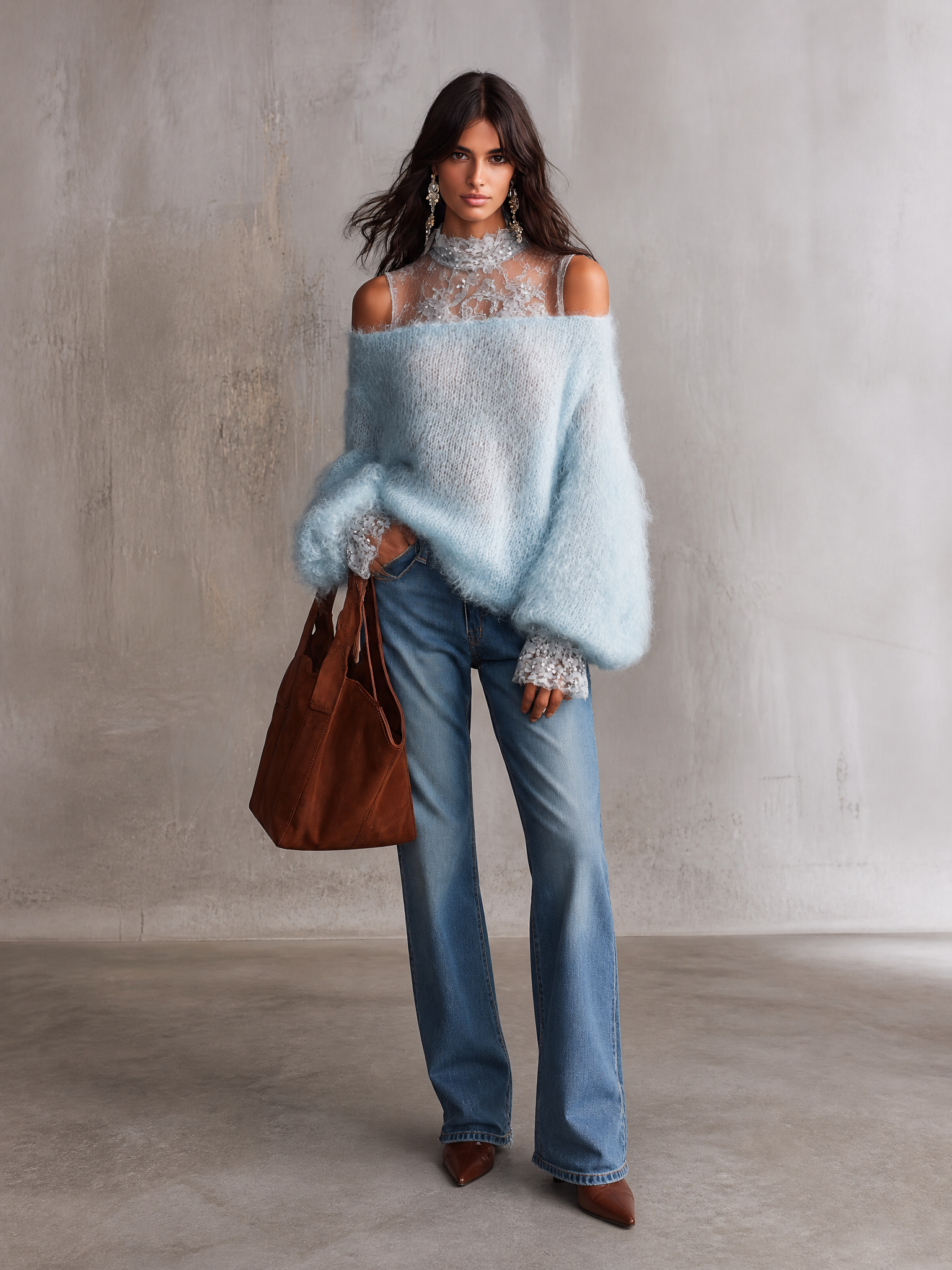Fluffy Mohair Off-Shoulder Lace Trim Sweater