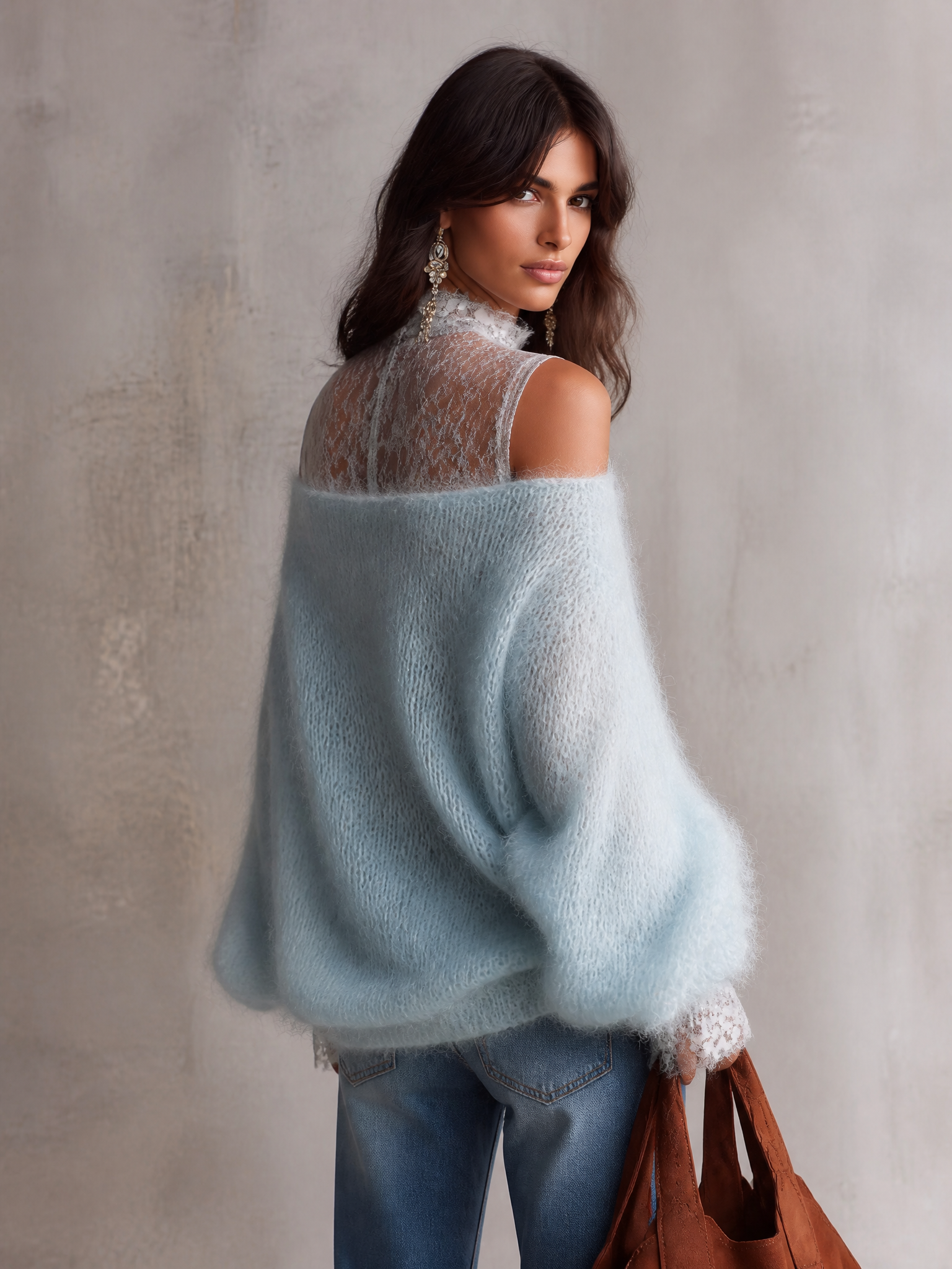 Fluffy Mohair Off-Shoulder Lace Trim Sweater
