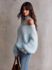 Fluffy Mohair Off-Shoulder Lace Trim Sweater