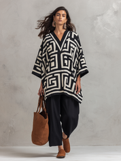Artisan Cotton Blend Oversized-Fit Monochrome Pattern Poncho Blouse And Pant Set