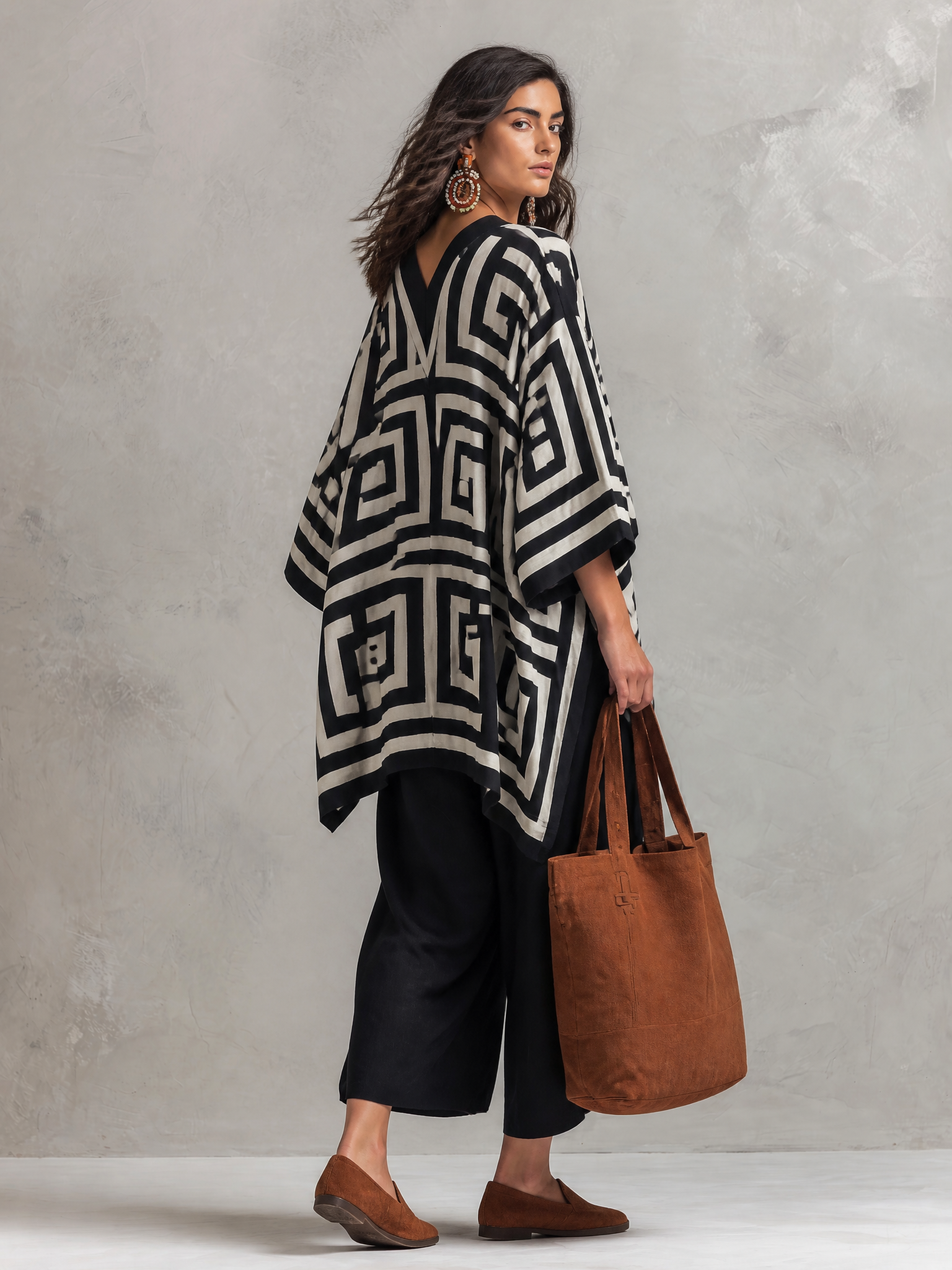 Artisan Cotton Blend Oversized-Fit Monochrome Pattern Poncho Blouse And Pant Set
