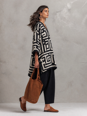 Artisan Cotton Blend Oversized-Fit Monochrome Pattern Poncho Blouse And Pant Set