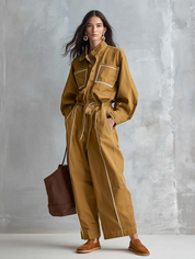 Effortless Cotton Canvas Oversized-Fit Caramel Cargo Jumpsuit