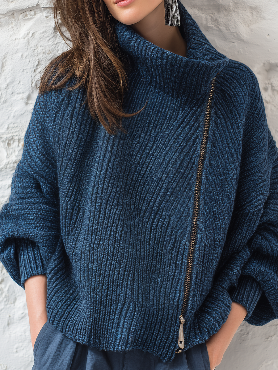 Navy Blue Diagonal Zipper Sweater