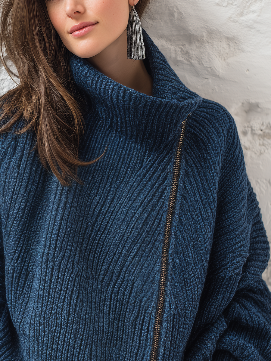 Navy Blue Diagonal Zipper Sweater