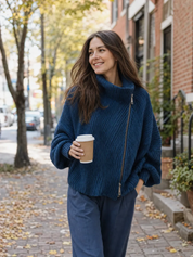 Navy Blue Diagonal Zipper Sweater