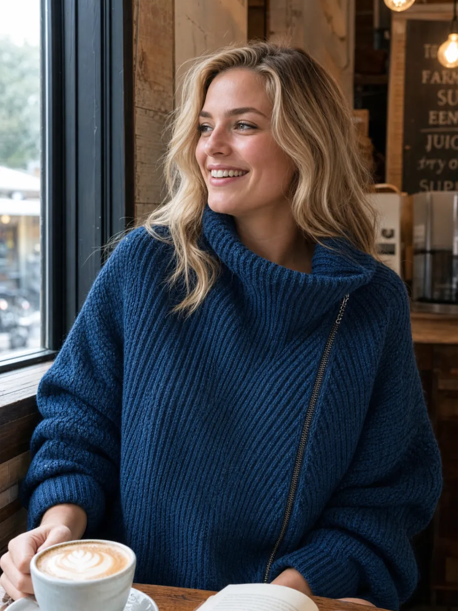 Navy Blue Diagonal Zipper Sweater