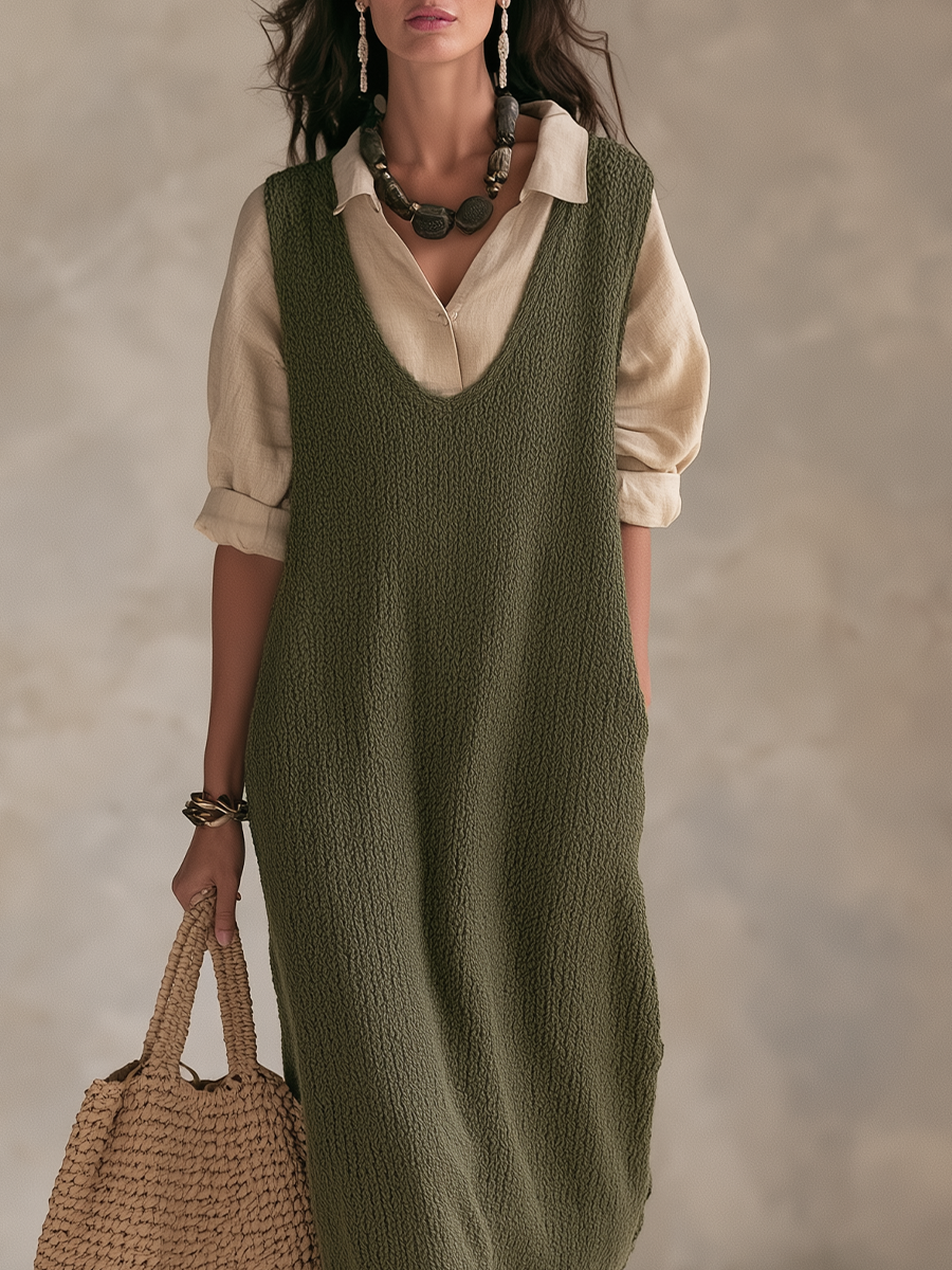 Effortlessly Layered Sleeveless Sweater Dress And Linen Shirt Set