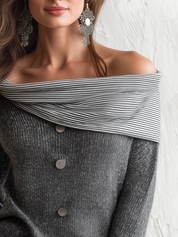 Elegant Charcoal Off Shoulder Knit Sweater