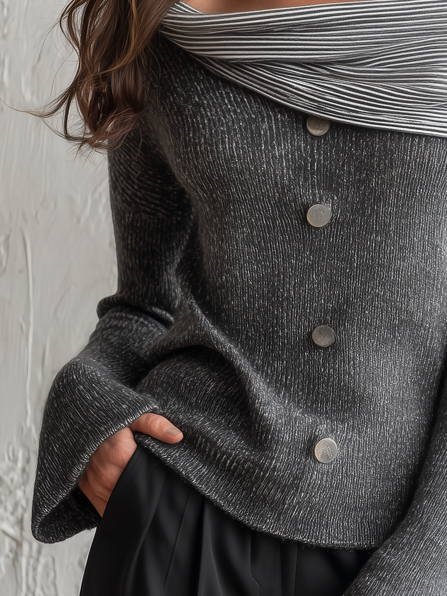 Elegant Charcoal Off Shoulder Knit Sweater