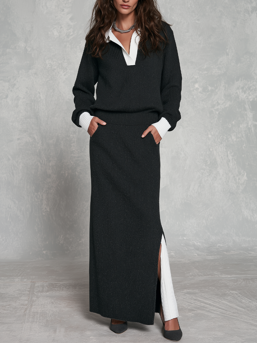 Quiet Luxe Layered-Look Knit Top & Slit Maxi Skirt Set