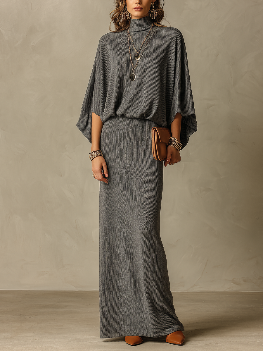 Relaxed Charcoal Batwing Knit Skirt Set