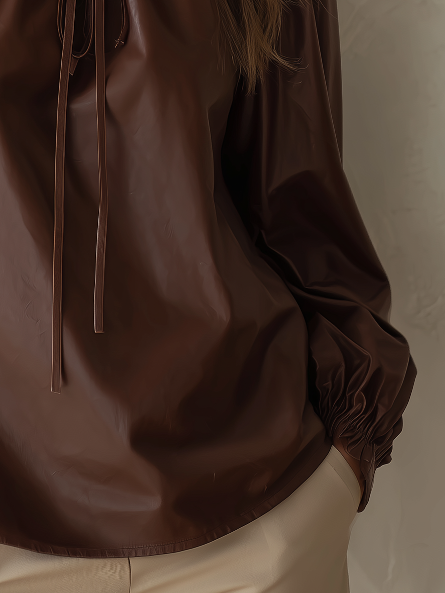 Refined Chocolate Brown Tie Neck Blouse