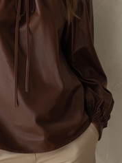 Refined Chocolate Brown Tie Neck Blouse