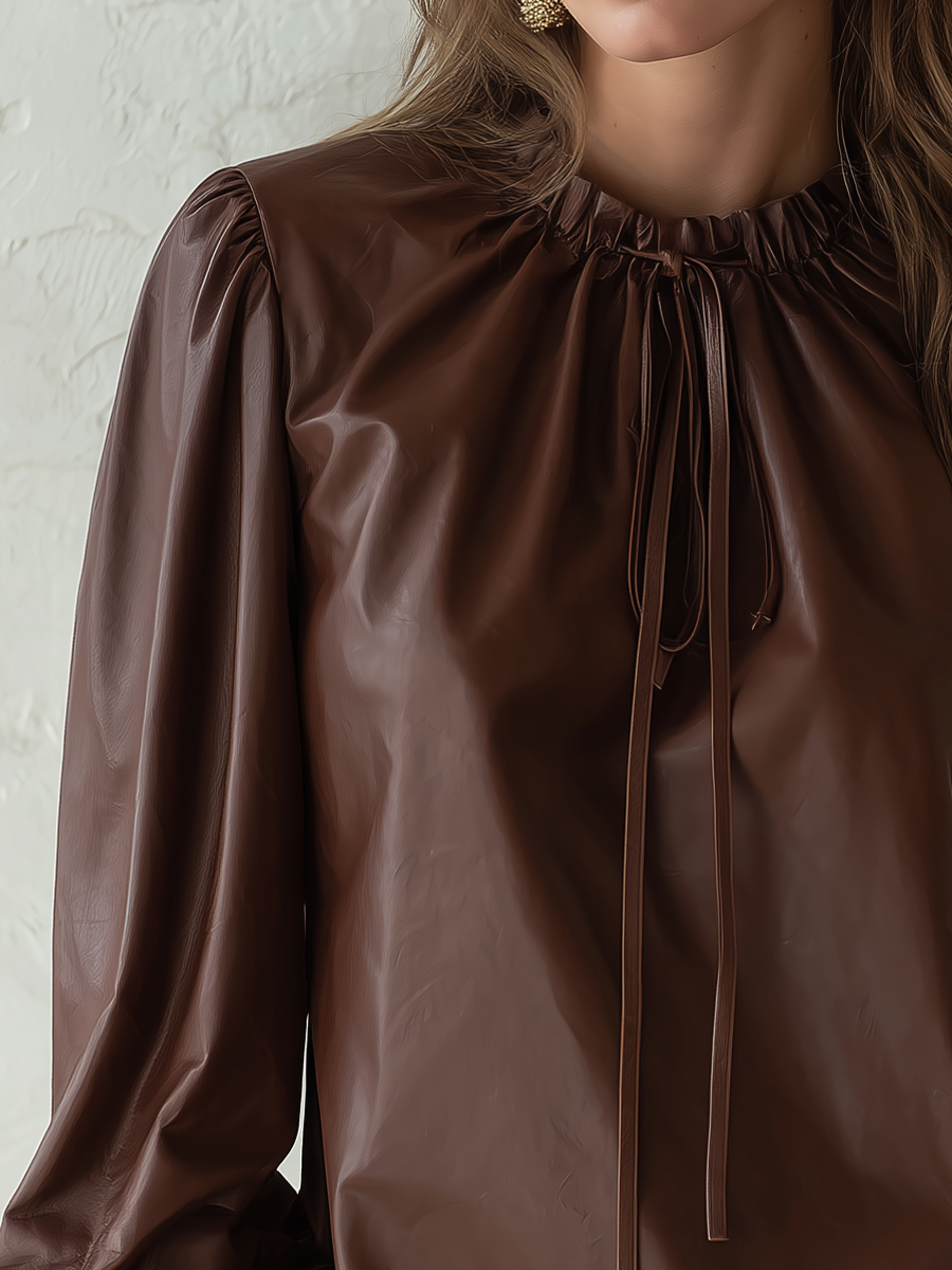 Refined Chocolate Brown Tie Neck Blouse