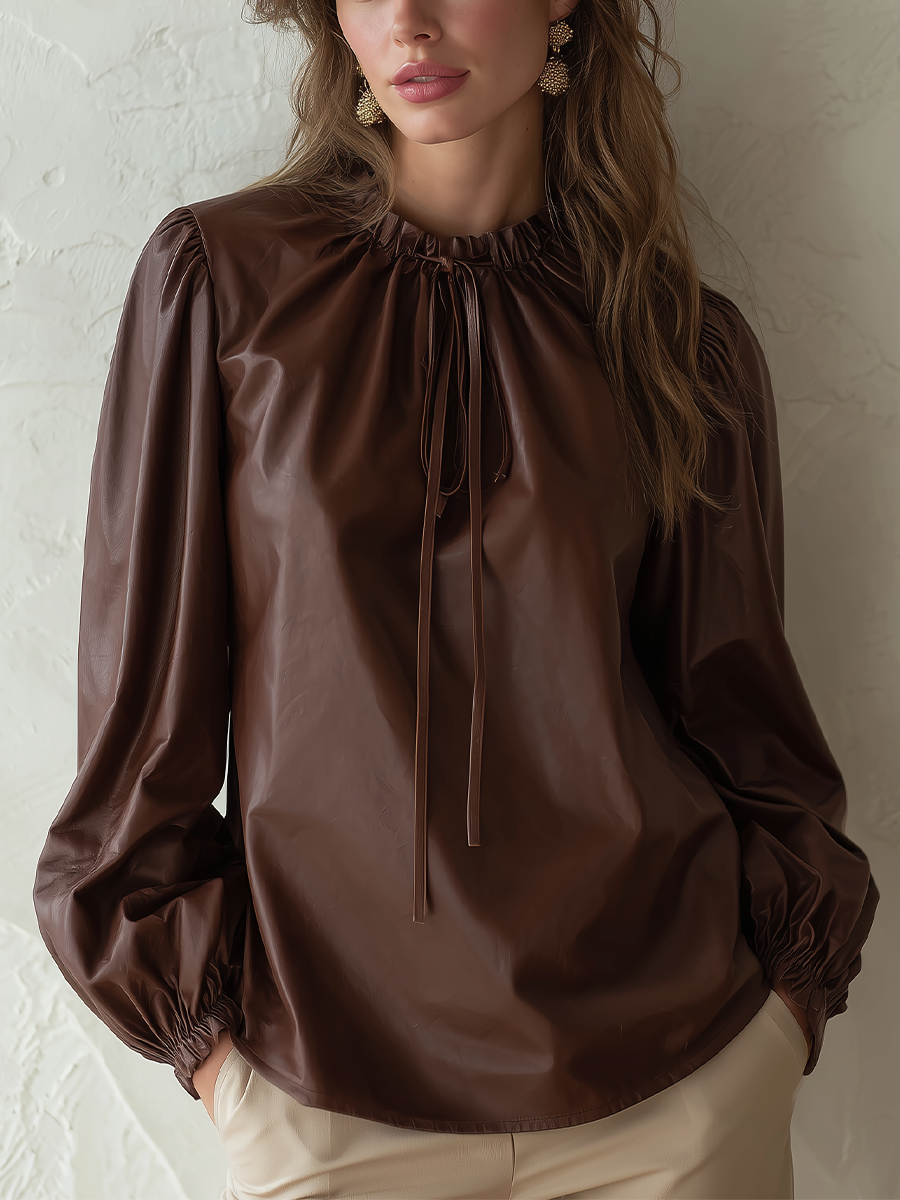 Refined Chocolate Brown Tie Neck Blouse