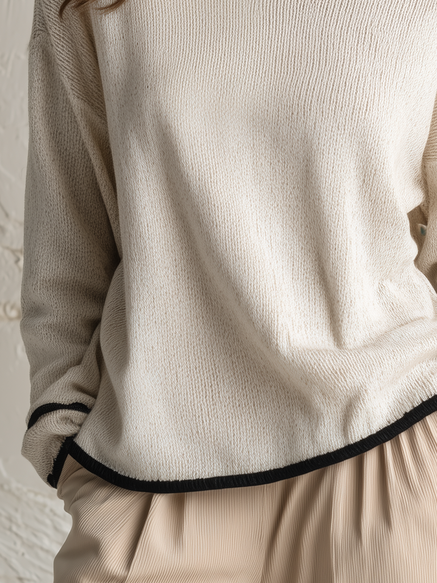 Minimal Ivory Contrast Trim Knit Sweater