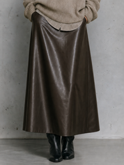 Effortless Autumn Brown Vegan Leather Midi Skirt