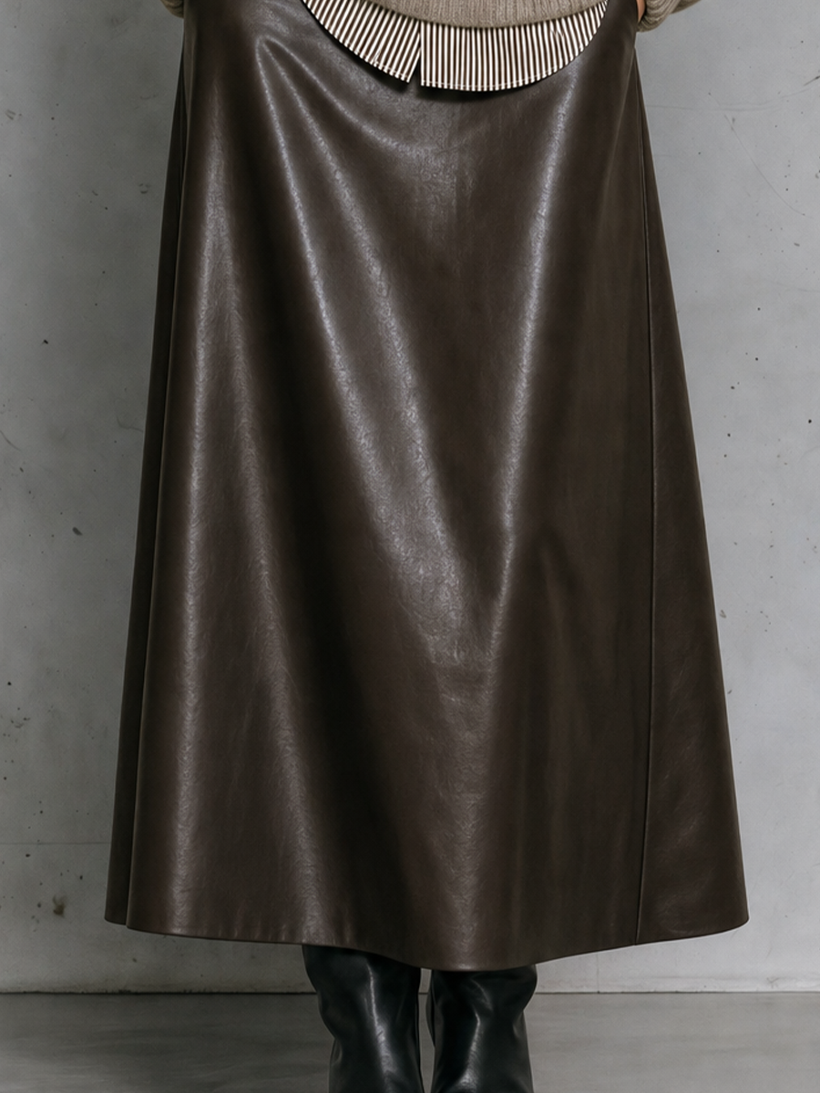 Effortless Autumn Brown Vegan Leather Midi Skirt