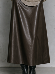 Effortless Autumn Brown Vegan Leather Midi Skirt