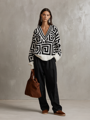 Oversized Geometric Jacquard V-Neck Sweater