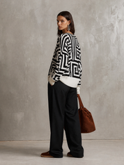 Oversized Geometric Jacquard V-Neck Sweater