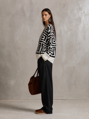 Oversized Geometric Jacquard V-Neck Sweater