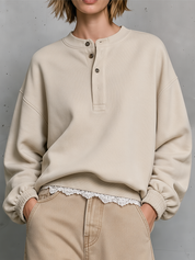 Effortless Chic Lace Hem Henley Sweatshirt Top