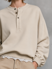 Effortless Chic Lace Hem Henley Sweatshirt Top
