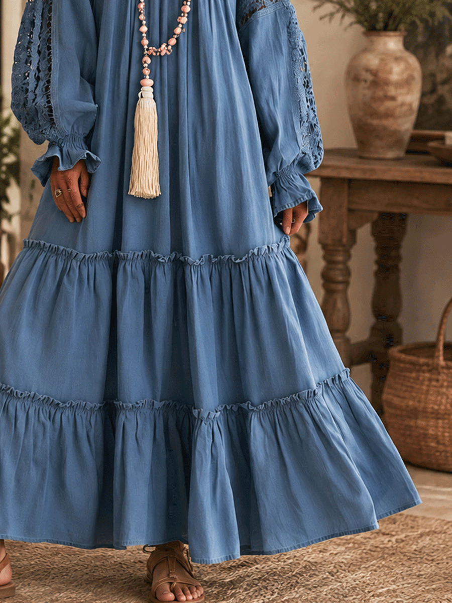 Chic Textured Cotton Split-Neck Tiered Flowy Chambray Blue Maxi Dress