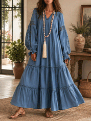 Chic Textured Cotton Split-Neck Tiered Flowy Chambray Blue Maxi Dress