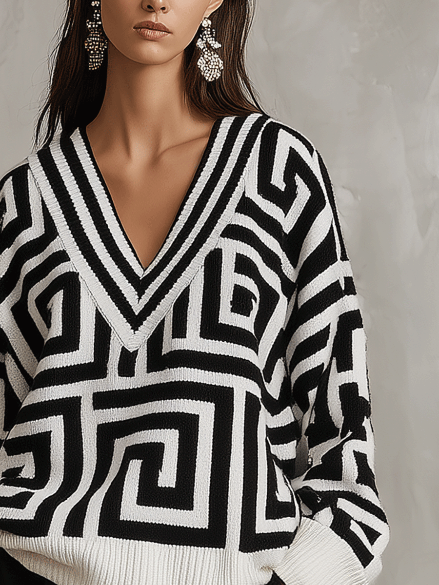Oversized Geometric Jacquard V-Neck Sweater