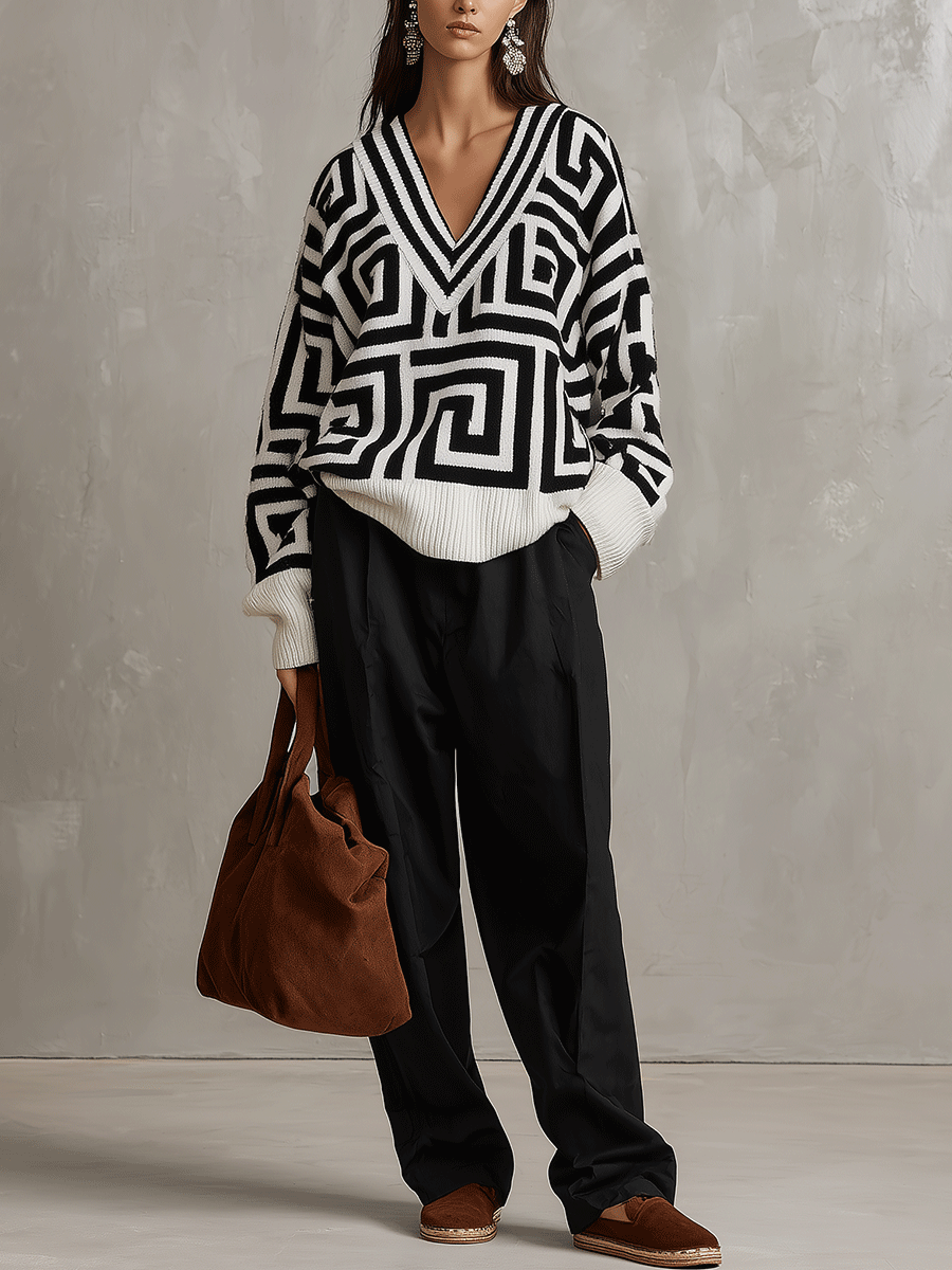 Oversized Geometric Jacquard V-Neck Sweater