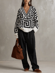 Oversized Geometric Jacquard V-Neck Sweater