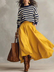 Effortless Striped Knit Sweater & Maxi-Skirt Navy Two-Piece Set